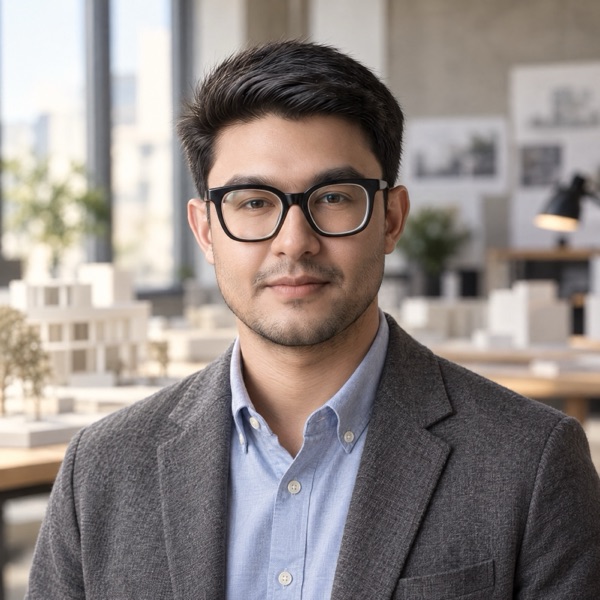 Tanvir Israque in an architecture studio with building models