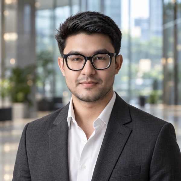 Tanvir Israque, Business Development Executive at SpaceZero, in a glass office lobby