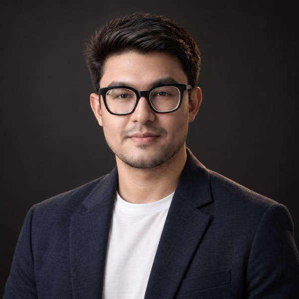 Tanvir Israque, editorial portrait on a charcoal background