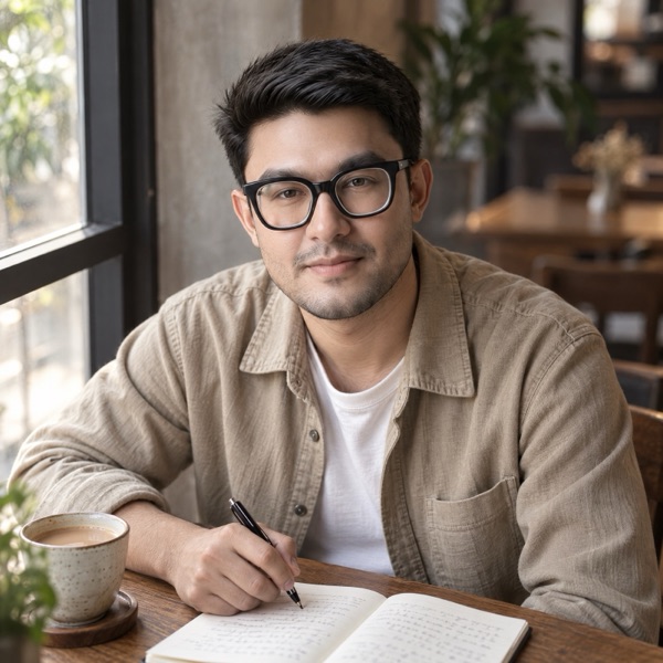 Tanvir Israque writing lyrics in a notebook